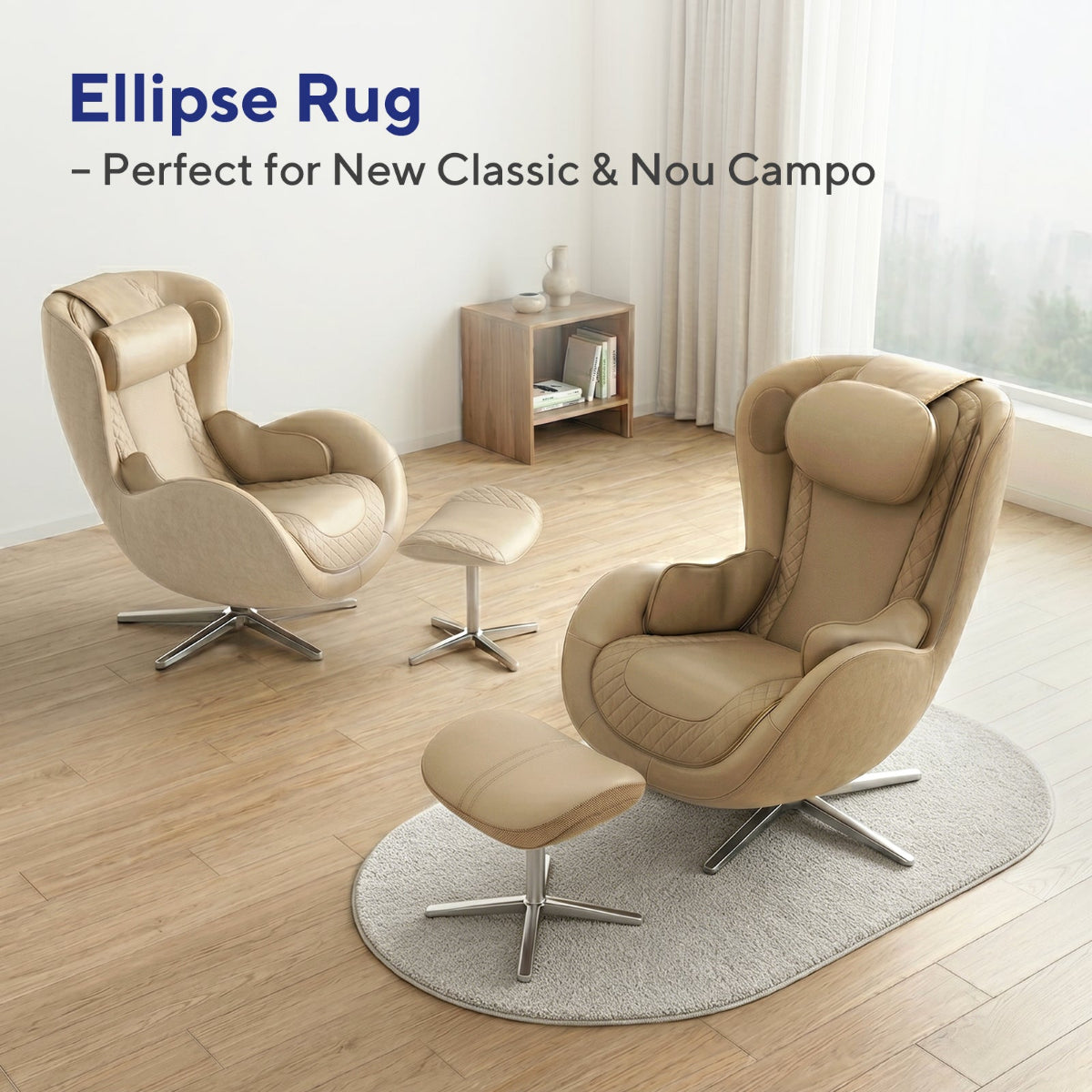 NA-OR148F-GR,Beige armchairs with ottomans on a wooden floor with an Ellipse Rug.
