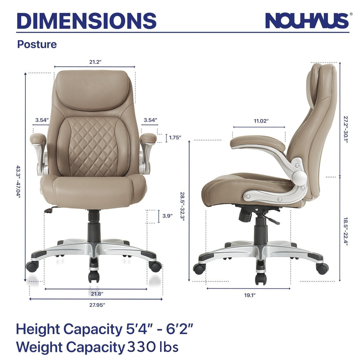 NHO-0004TP,Nouhaus office chair dimensions chart with height and weight capacity details.
