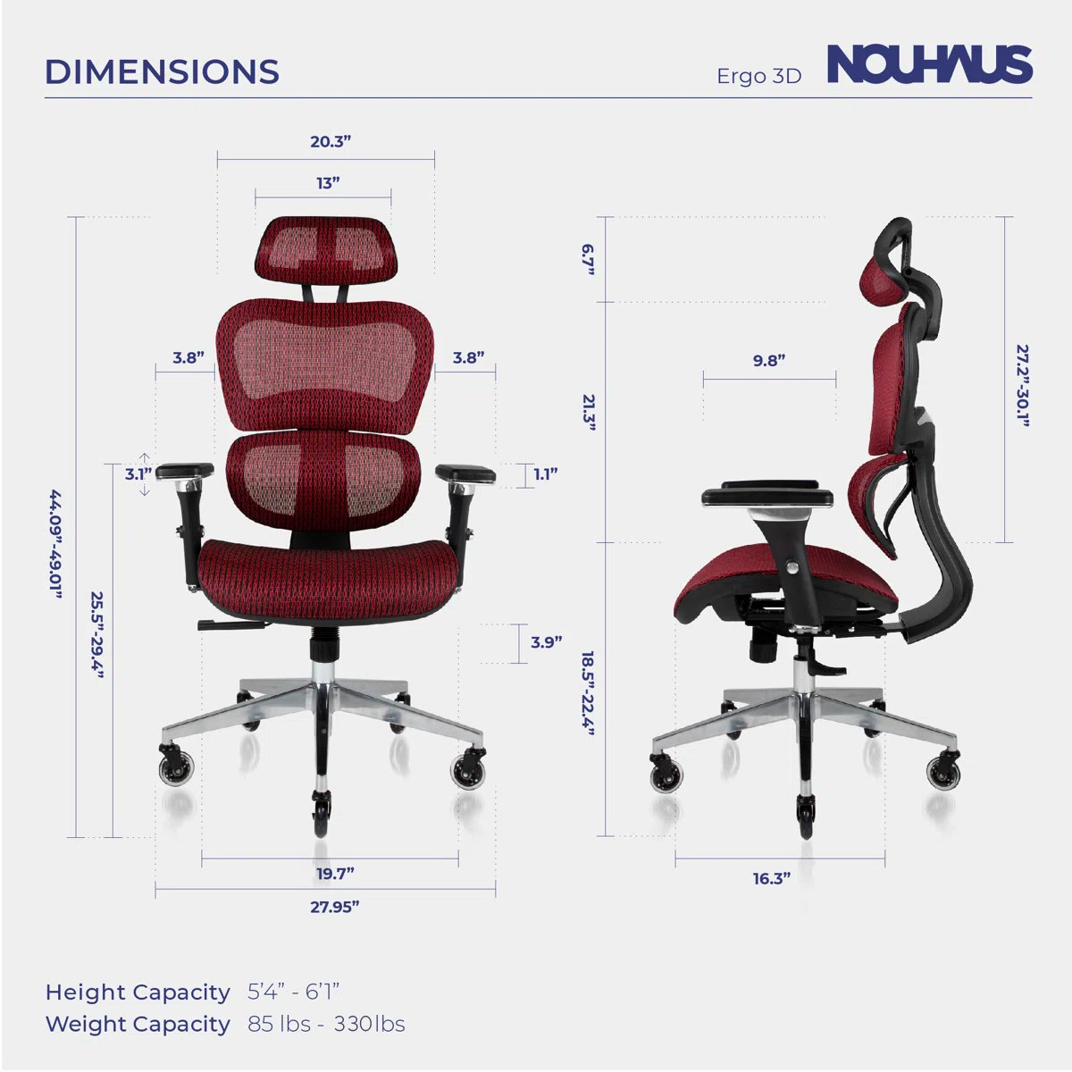 NHO-0001BG-V2,Ergonomic office chair with dimensions labeled, featuring the brand 'Nouhaus'.