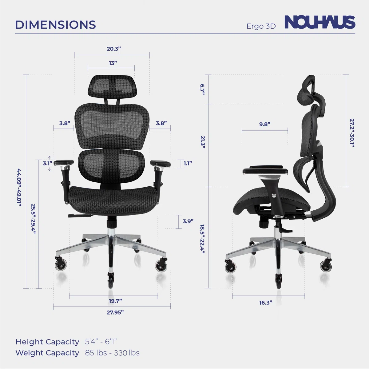 NHO-0001BL-V2,Ergonomic chair with dimensions labeled, featuring the brand 'Nouhaus'.