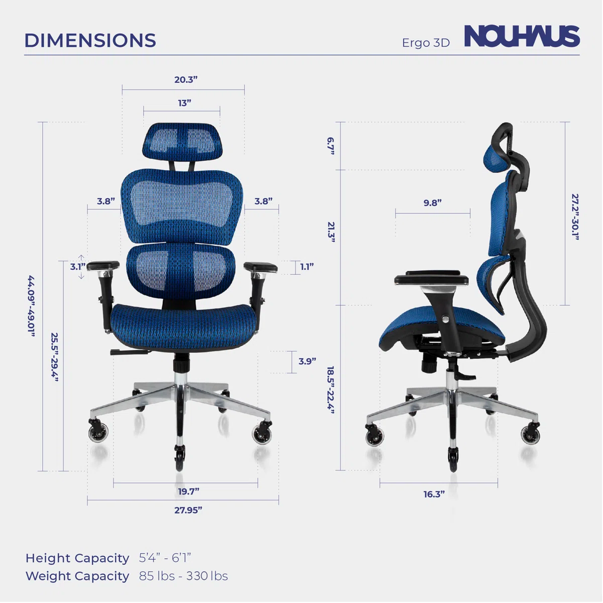 NHO-0001BU-V2,Nouhaus Ergo 3D office chair with dimensions on a white background