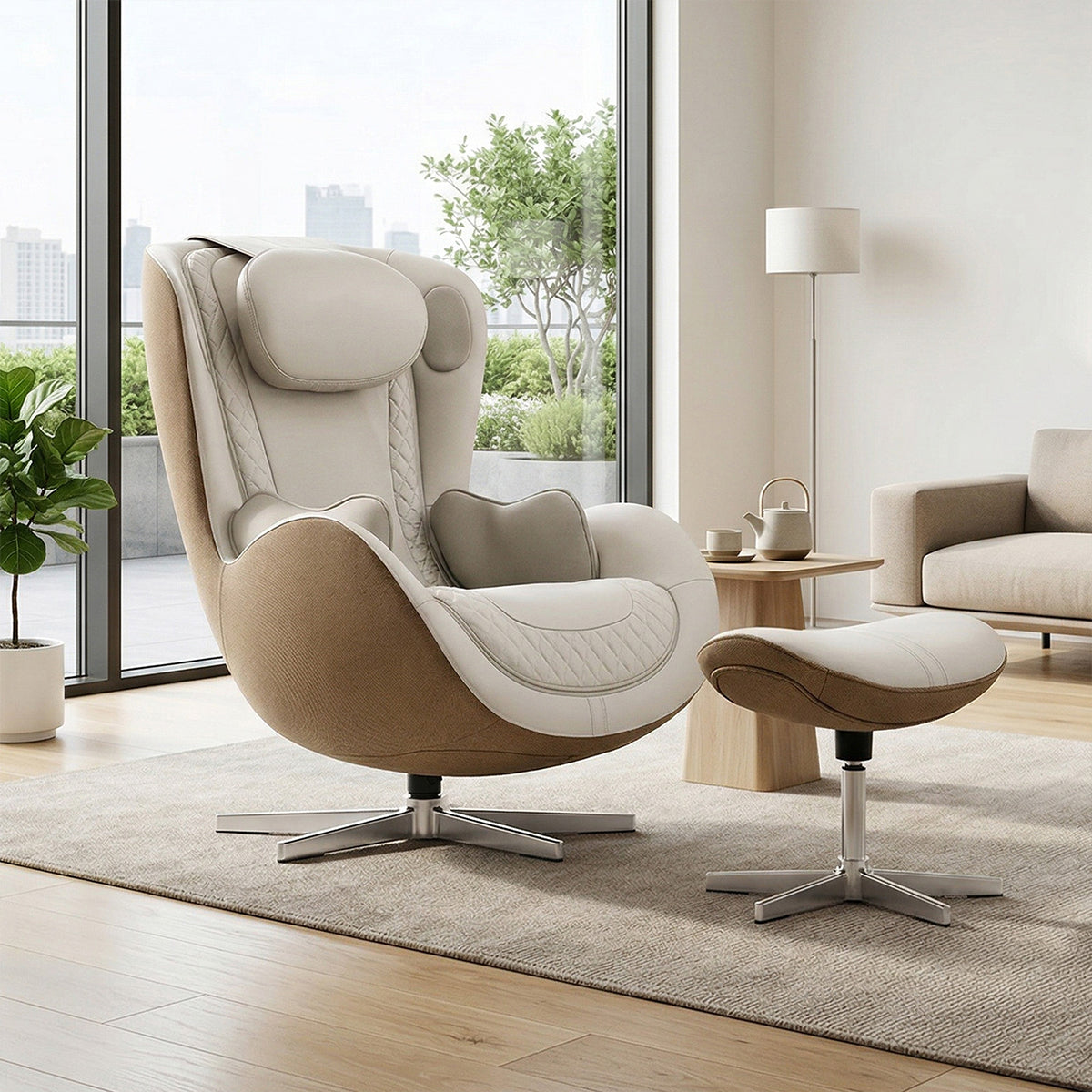N-0004EW-V2, Elder White ergonomic massage armchair with matching ottoman in a bright, upscale penthouse living room during a sunny daylight saving time afternoon. The elegant off-white and beige leather lounger rests on a neutral area rug next to a minimalist wooden side table with a tea set. In the background, large floor-to-ceiling windows reveal an outdoor terrace with a green tree, overlooking a bright city skyline under natural golden sunlight.