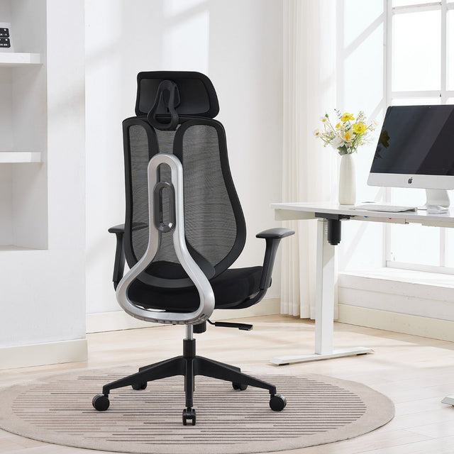 NHO-0025BL,Black office chair with headrest in a modern office setting