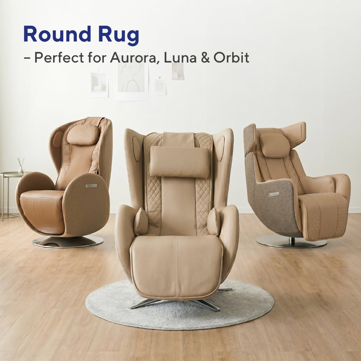 NA-RR120F-GR,Three beige massage chairs in a room with a round rug labeled 'Round Rug - Perfect for Aurora, Luna & Orbit'.