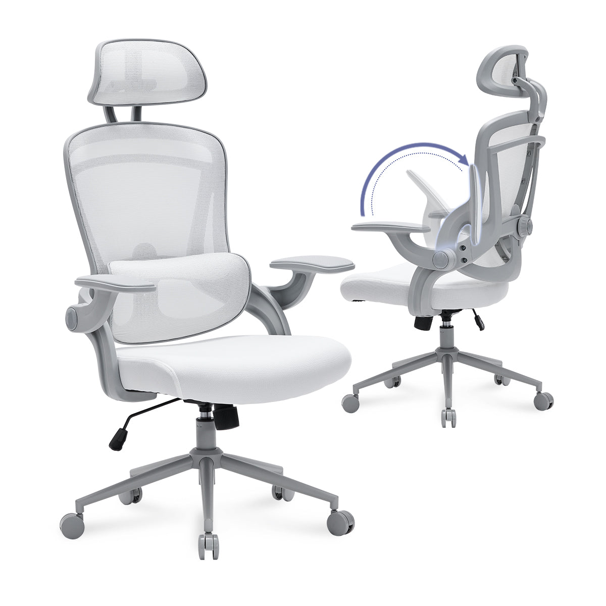 NHO-0013WH,White office chair with headrest and armrests on a white background