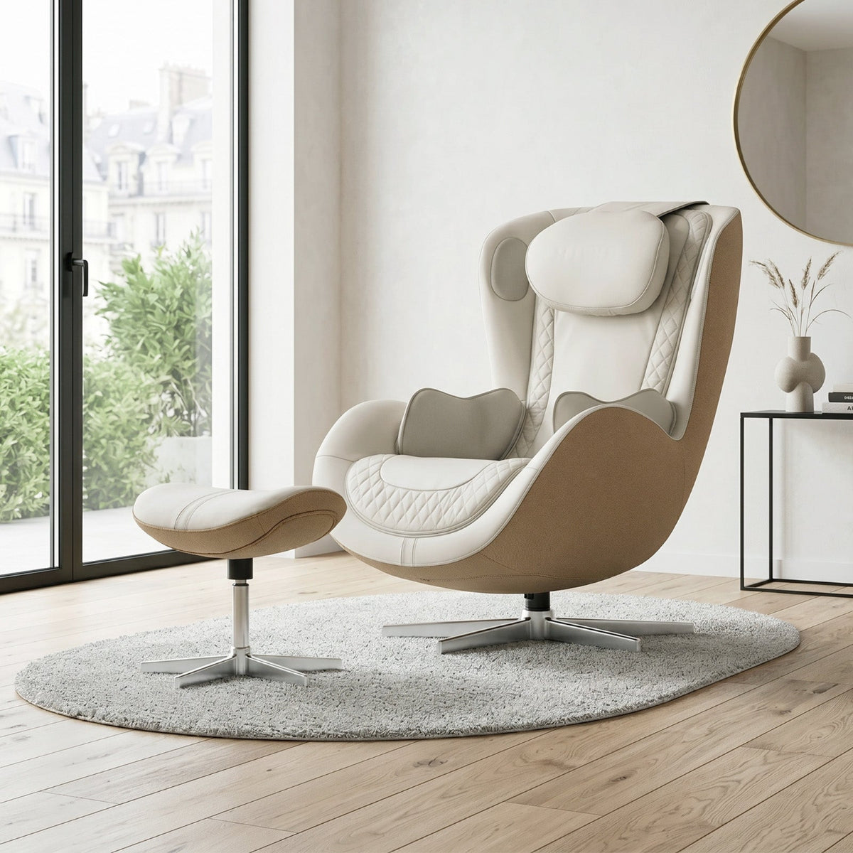 NA-OR148F-GR,Modern beige and white armchair with ottoman in a bright room with large windows.