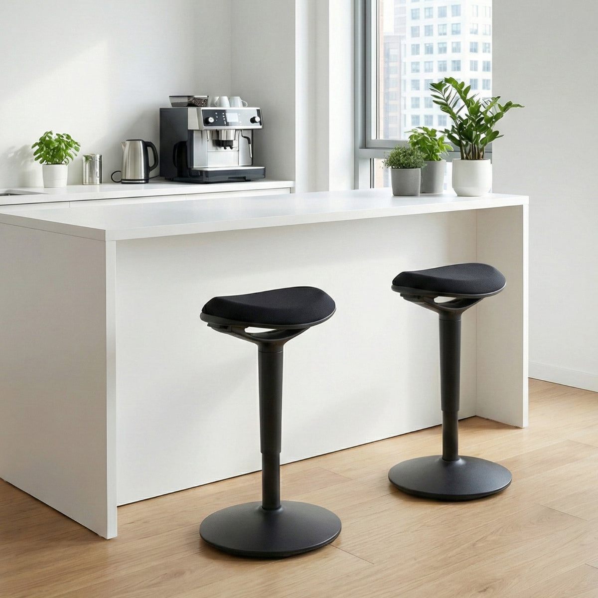 NH0-0019BL, modern compact kitchen bar area with a white counter, two black adjustable-height stools, potted plants, and a coffee station, featuring a window with city views
