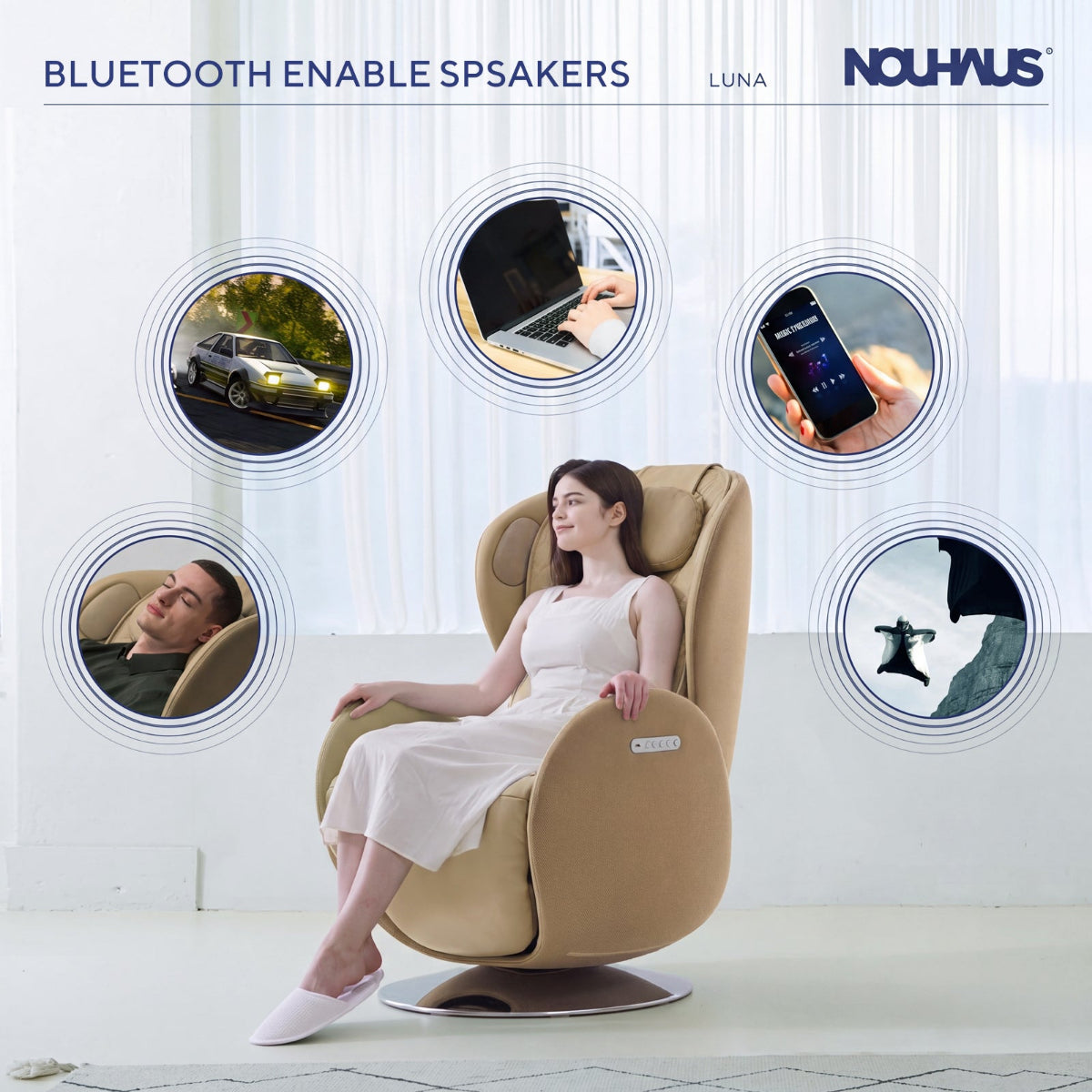 NR-SN100L-SD, a woman sits in a beige NOUHAUS LUNA massage chair in a bright, modern room. The image includes circular callouts showing smartphone app control, car navigation, relaxation, and hands holding a phone, with the text 'BLUETOOTH ENABLE SPSAKERS' and 'NOUHAUS' at the top.