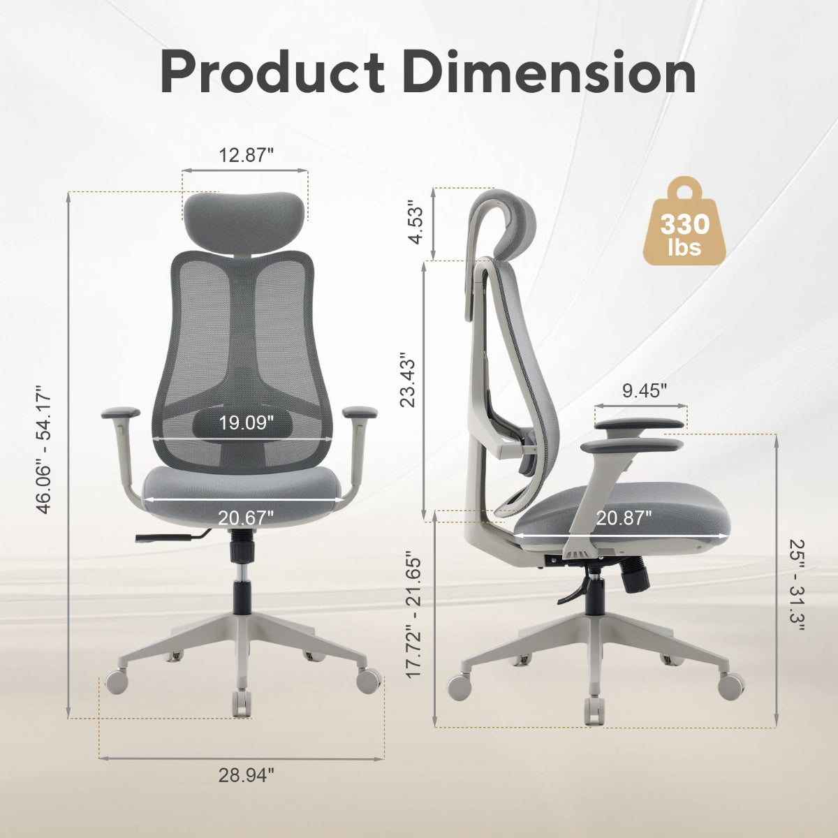 NHO-0024GR,Ergonomic office chair with dimensions and weight capacity displayed