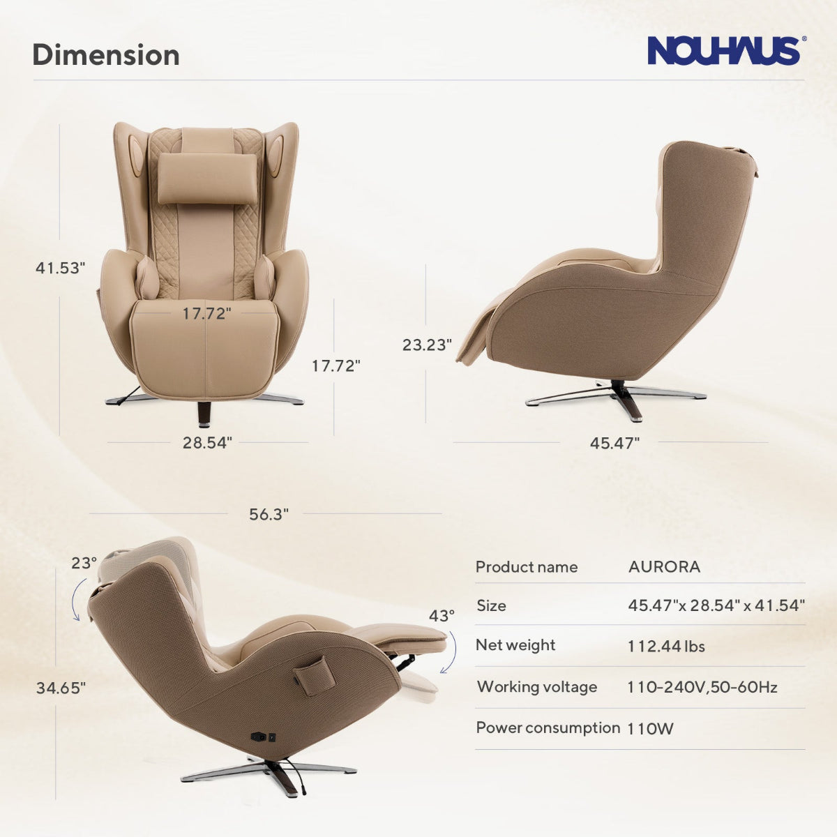 N-0006SD-V2,Dimensions of a beige recliner chair with Nouhaus branding