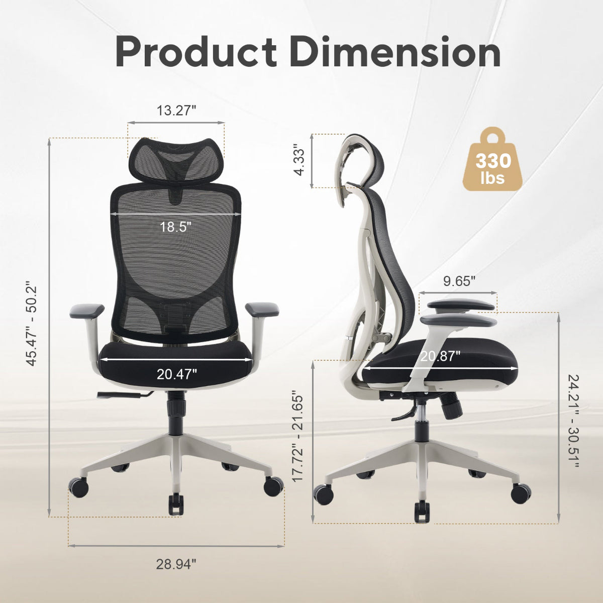 NHO-0026GR,Dimensions of two office chairs with weight capacity label.
