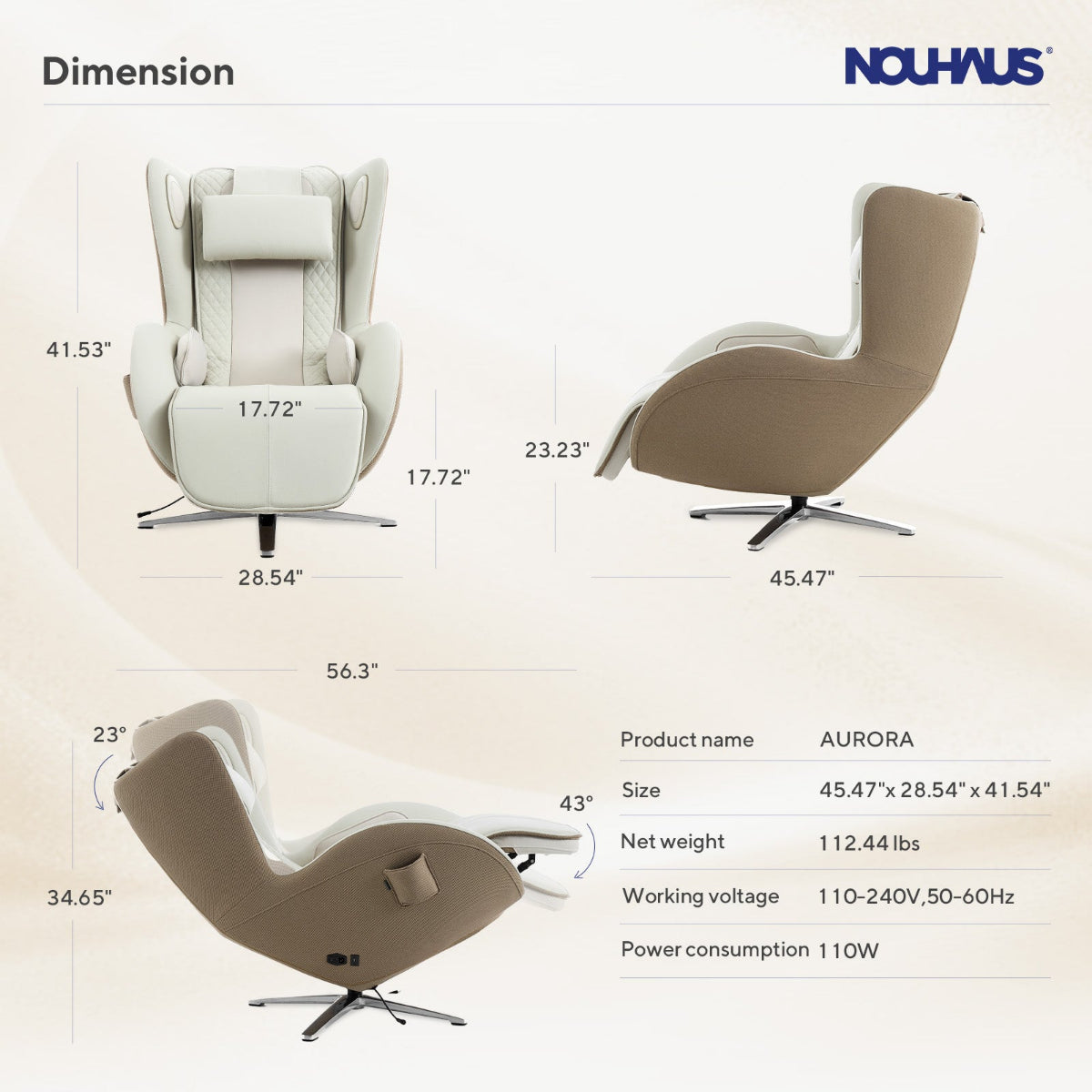 N-0006EW-V2,Dimensions of a recliner chair with Nouhaus branding