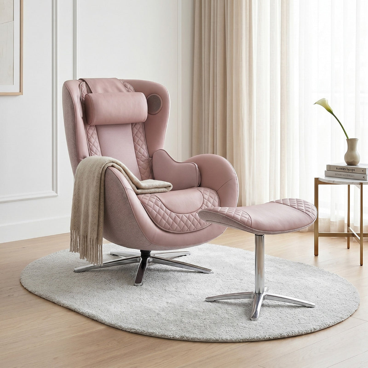 NA-OR148F-GR,Pink armchair with ottoman on a light gray rug in a bright room.