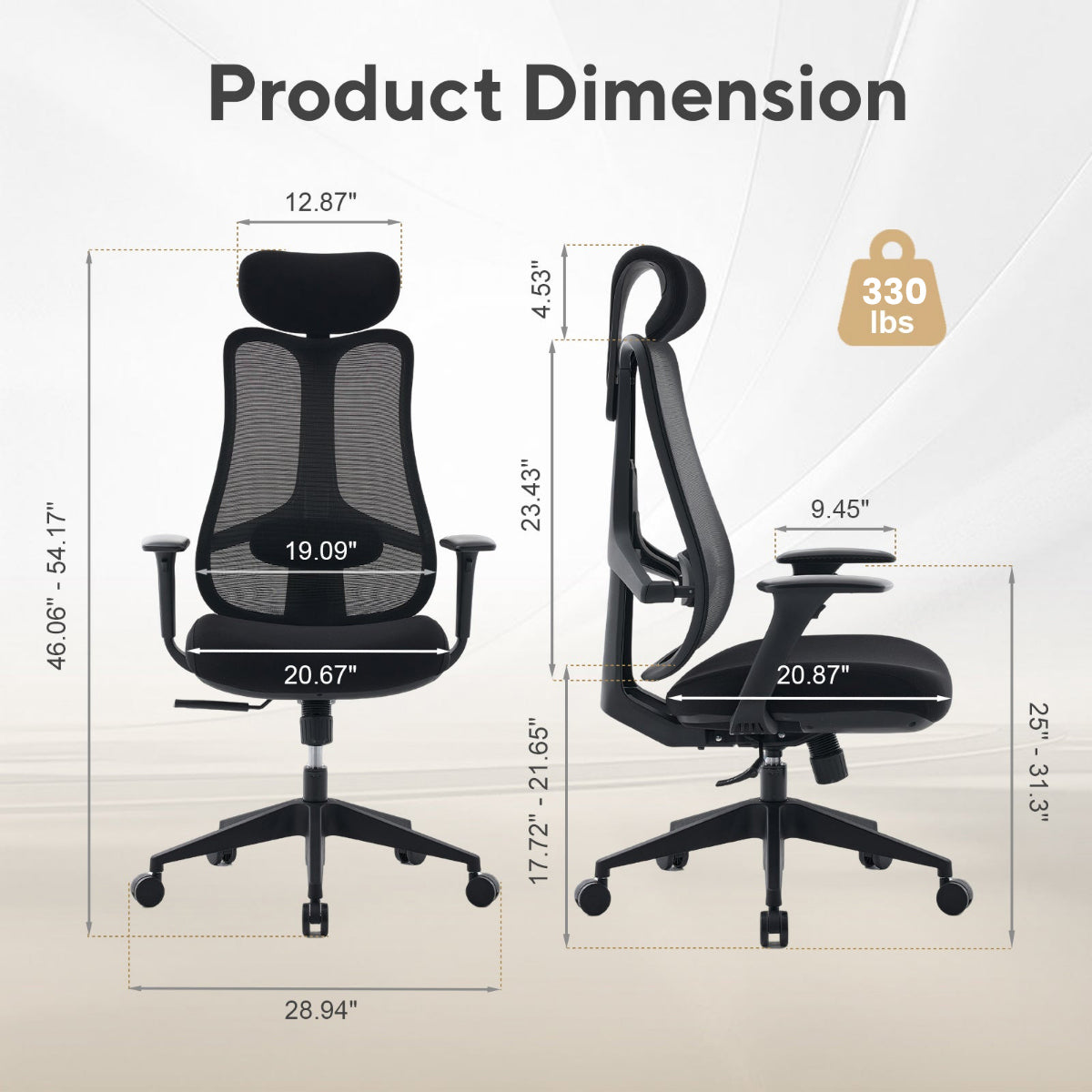 NHO-0024BL,Black office chair with dimensions and weight capacity displayed on a beige background