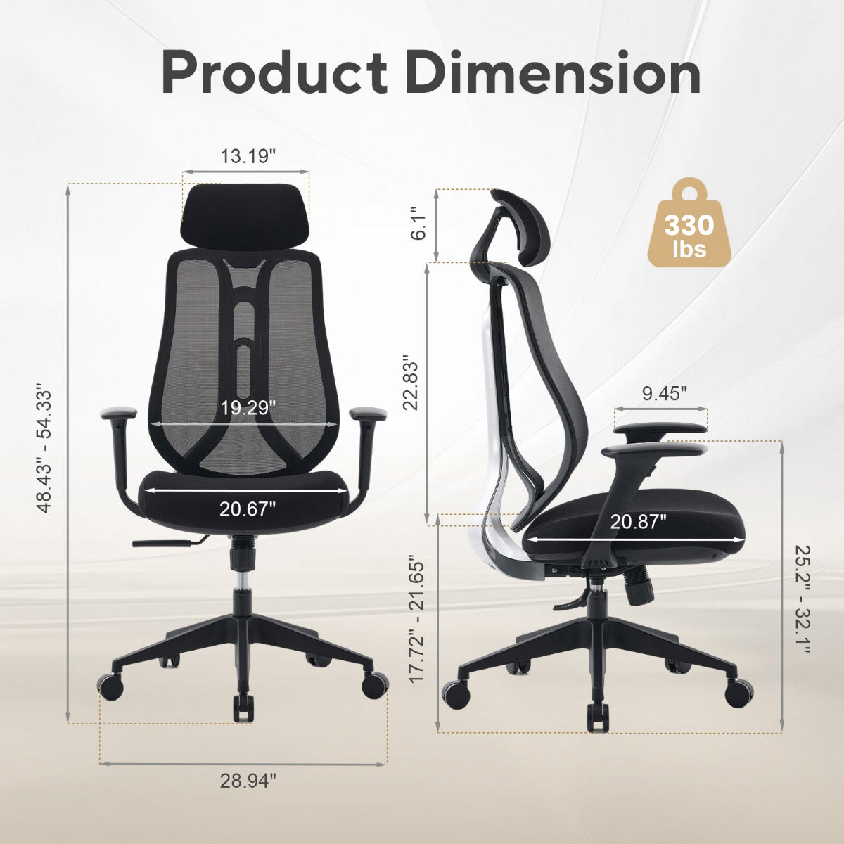 NHO-0025BL,Black office chair with dimensions and weight capacity displayed on a beige background