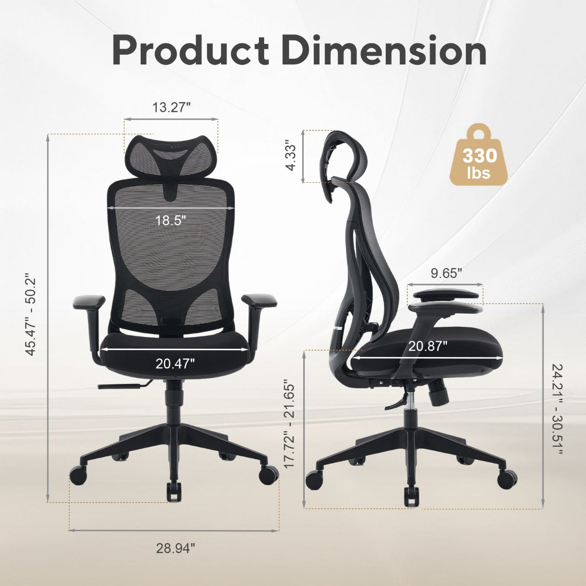 NHO-0026BL,Black office chair with dimensions and weight capacity displayed on a beige background