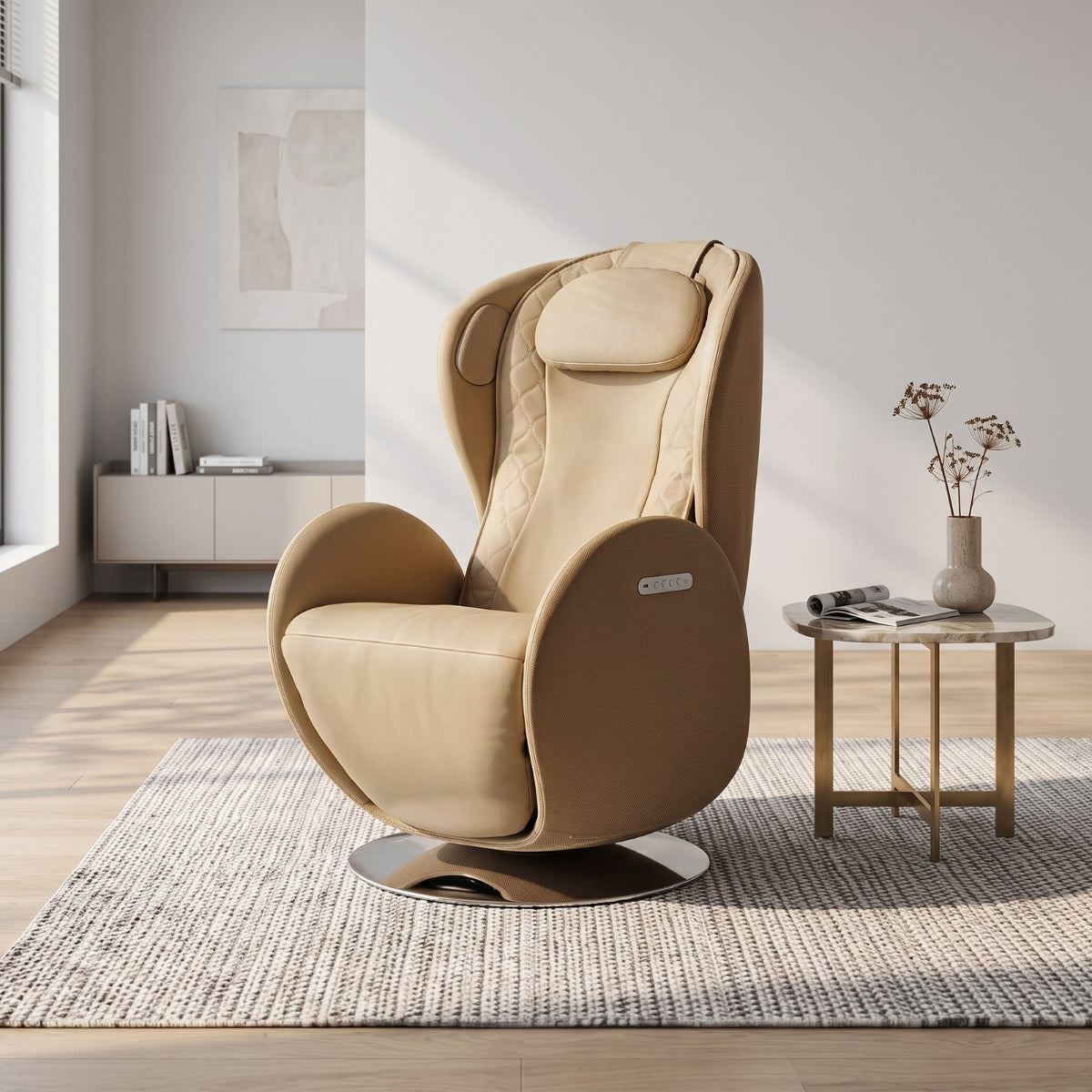 NR-SN100L-SD, a Mellow Sand leather massage chair with a swivel base, styled in a modern, sunlit living room next to a small side table.