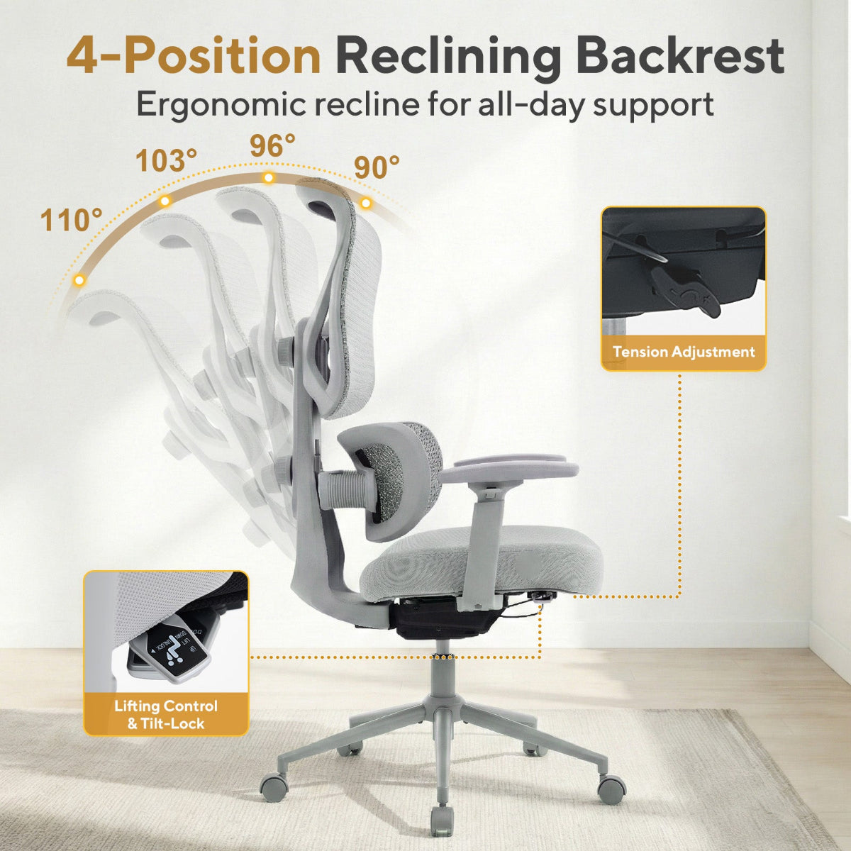 NH0-0023GR,Ergonomic office chair with 4-position reclining backrest features on a white background