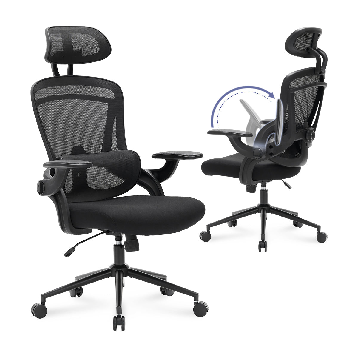 NHO-0013BL,Black office chair with mesh back and adjustable armrests on a white background