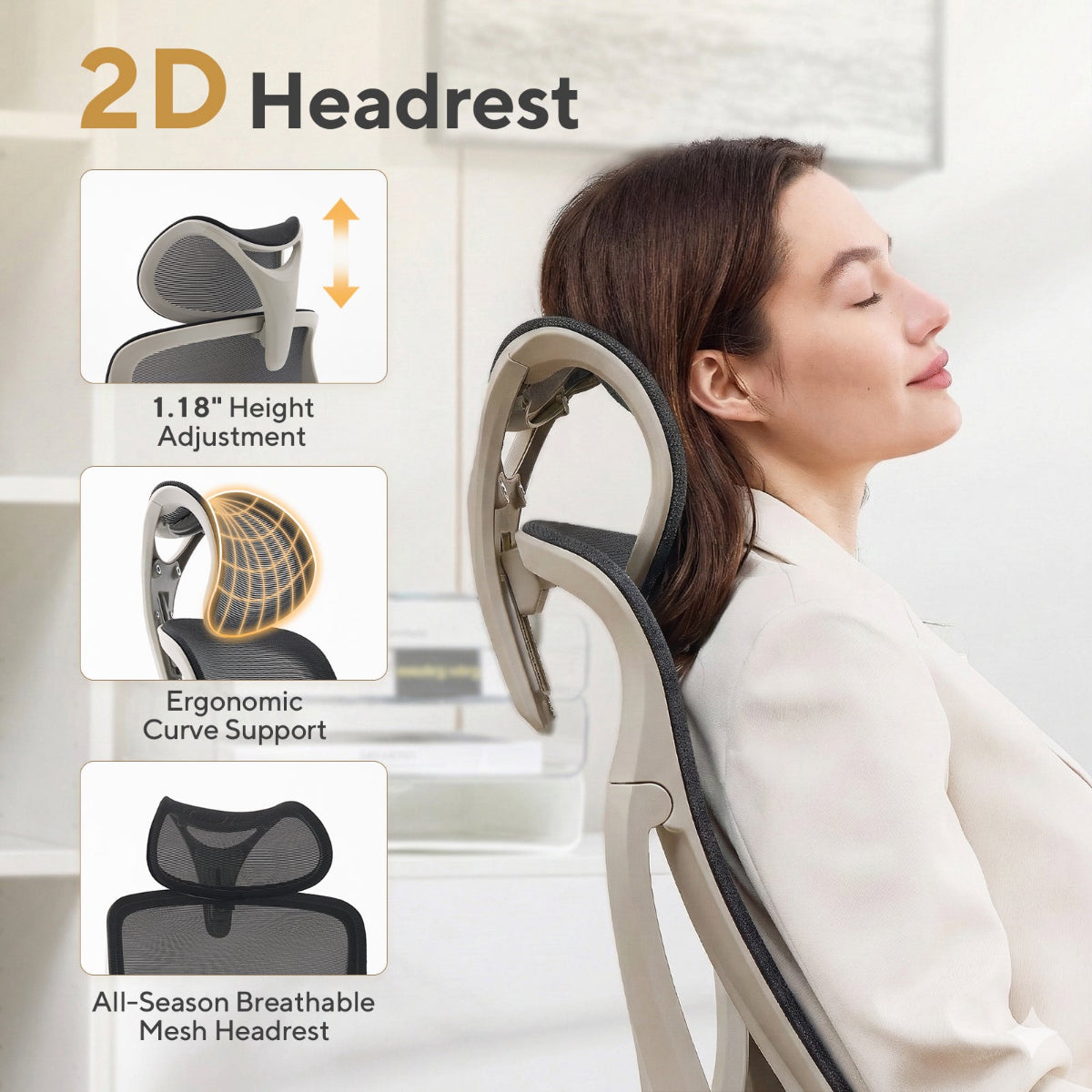 NHO-0026GR,Woman using a 2D headrest with ergonomic features on a blurred office background