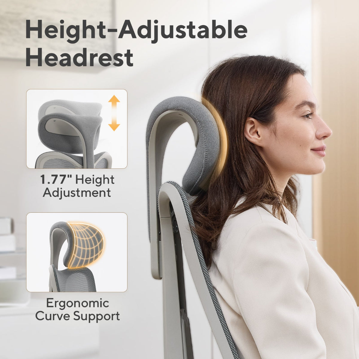NHO-0024GR,Woman using a height-adjustable headrest with ergonomic curve support, sitting in an office chair.