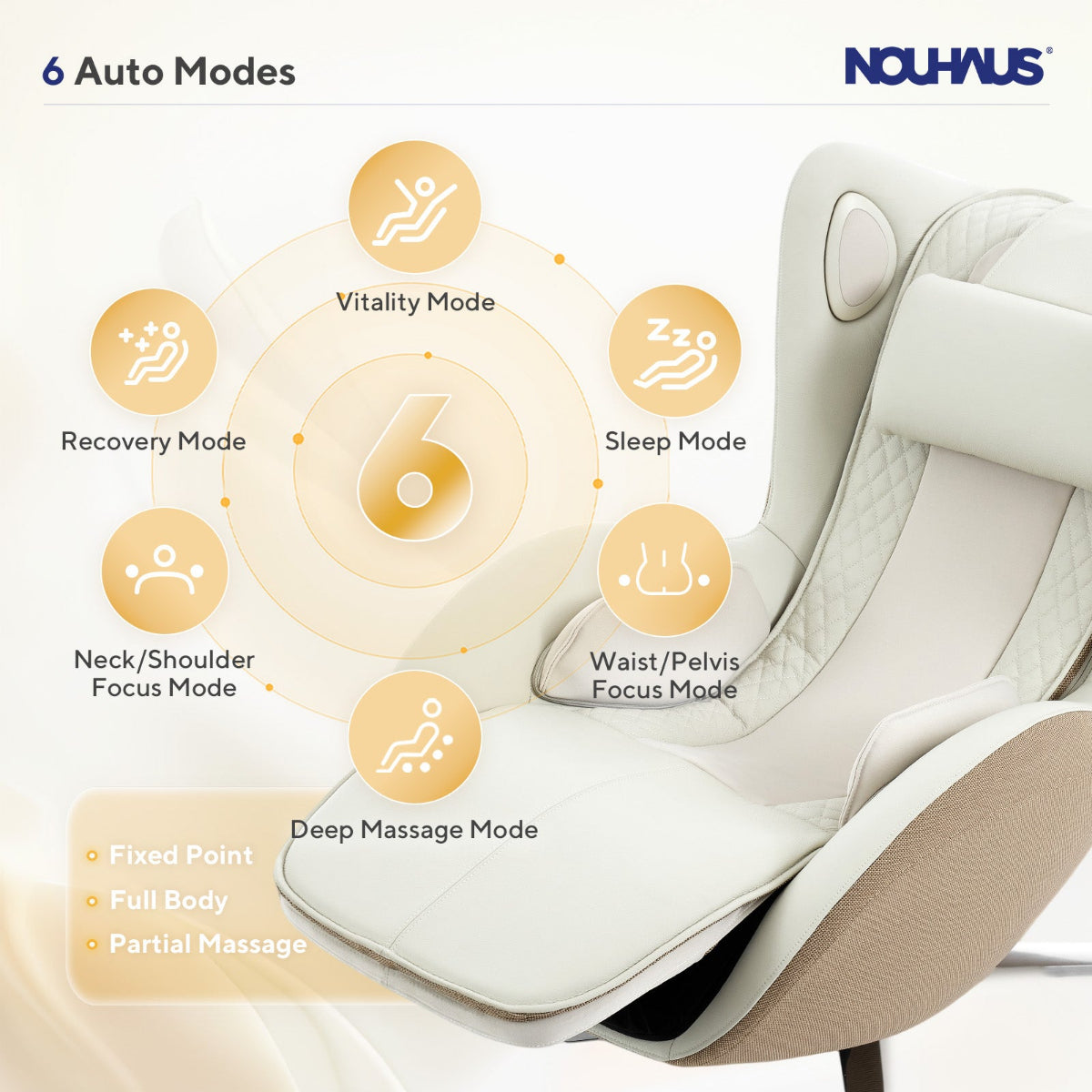 N-0006EW-V2,Massage chair with 6 auto modes displayed on a white background, featuring the Nouhaus brand.