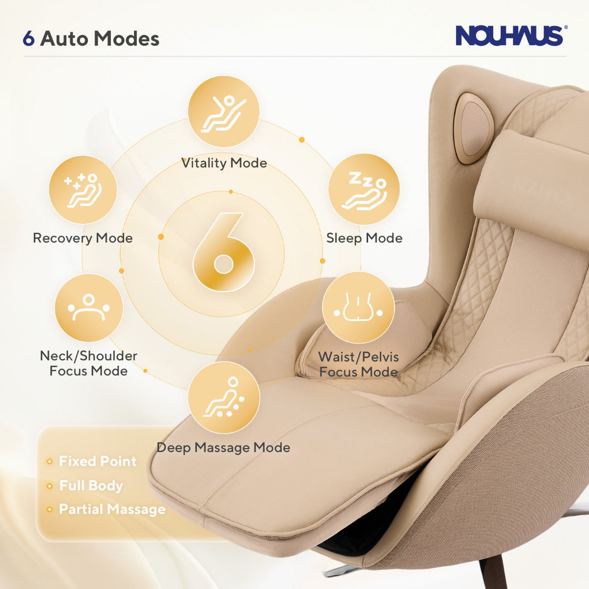 N-0006SD-V2,Massage chair with 6 auto modes displayed on a white background, featuring the Nouhaus brand.