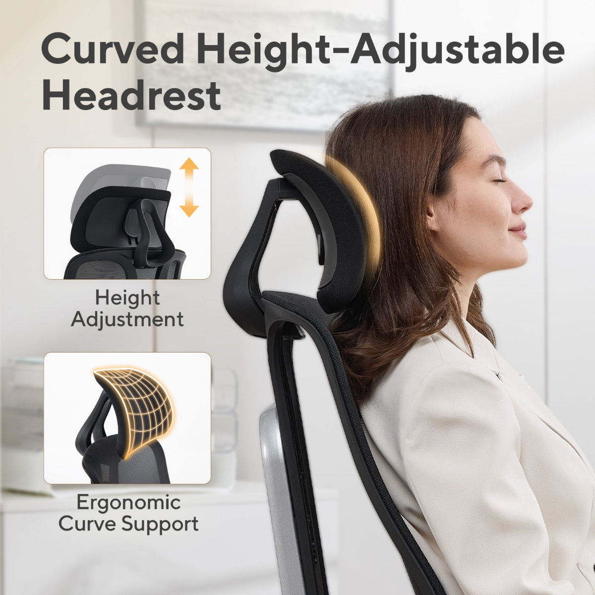NHO-0025BL,Woman using a curved height-adjustable headrest with text and icons indicating height adjustment and ergonomic curve support.