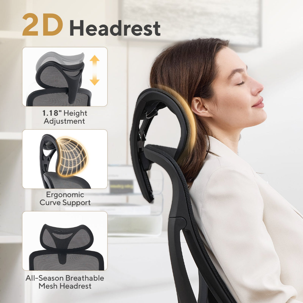 NHO-0026BL,Woman using a 2D headrest with ergonomic features on a blurred office background