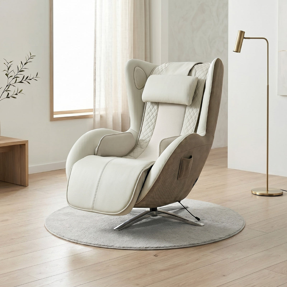 NA-RR120F-GR,Modern massage chair in a minimalistic room with light wood flooring and white walls.