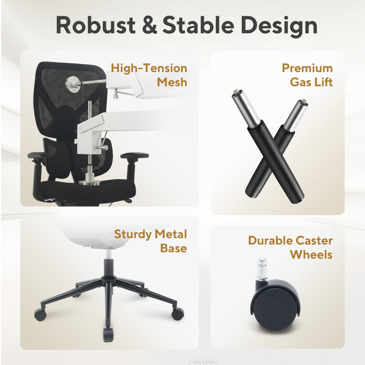 NH0-0023BL,Ergonomic office chair with highlighted features on a white background