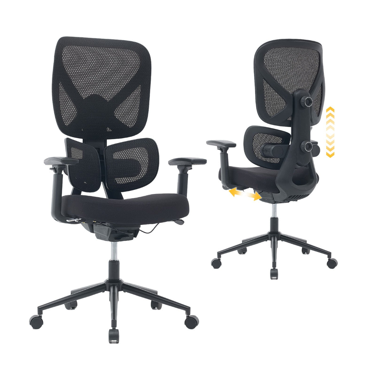 NH0-0023BL,Black office chair with mesh back and adjustable armrests on a white background