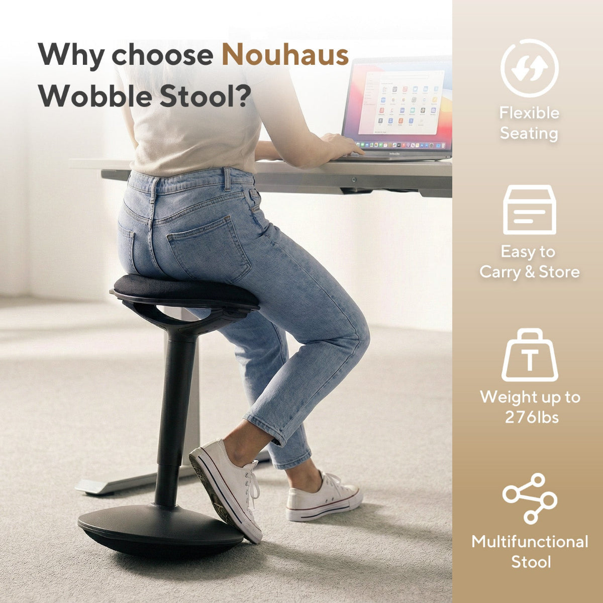 NH0-0019BL, promotional graphic for the Nouhaus Wobble Stool, showing a user seated at a desk, with icons highlighting key benefits: flexible seating, easy to carry & store, 276lbs weight capacity, and multifunctional design.