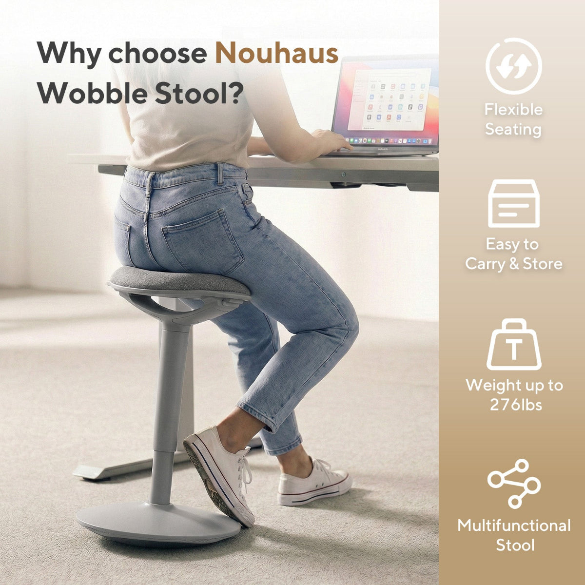 NH0-0019GR, promotional graphic for the Nouhaus Wobble Stool, showing a user seated at a desk, with icons highlighting key benefits: flexible seating, easy to carry & store, 276lbs weight capacity, and multifunctional design.