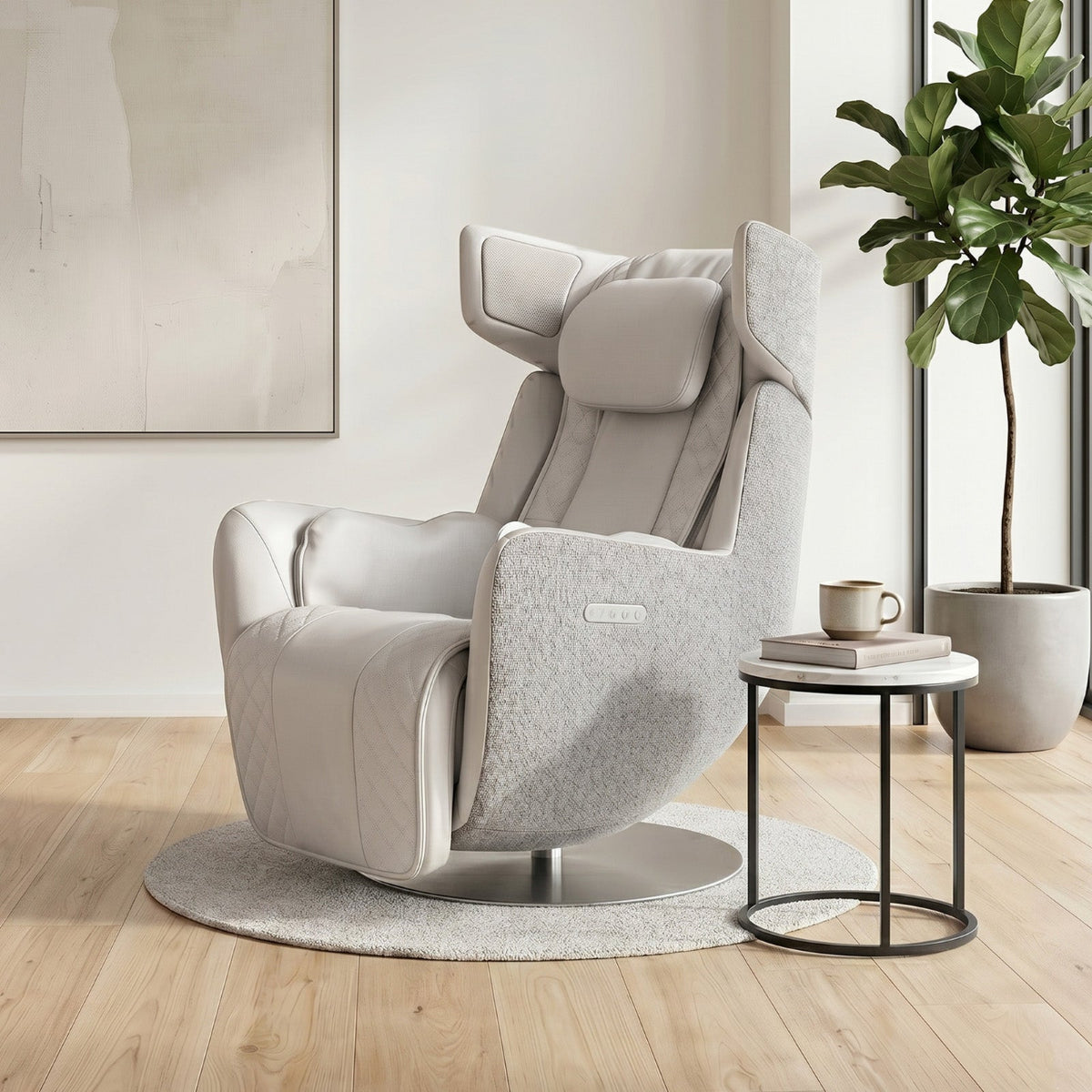 NA-RR120F-GR,Modern beige recliner chair in a minimalistic living room with a plant and small table.
