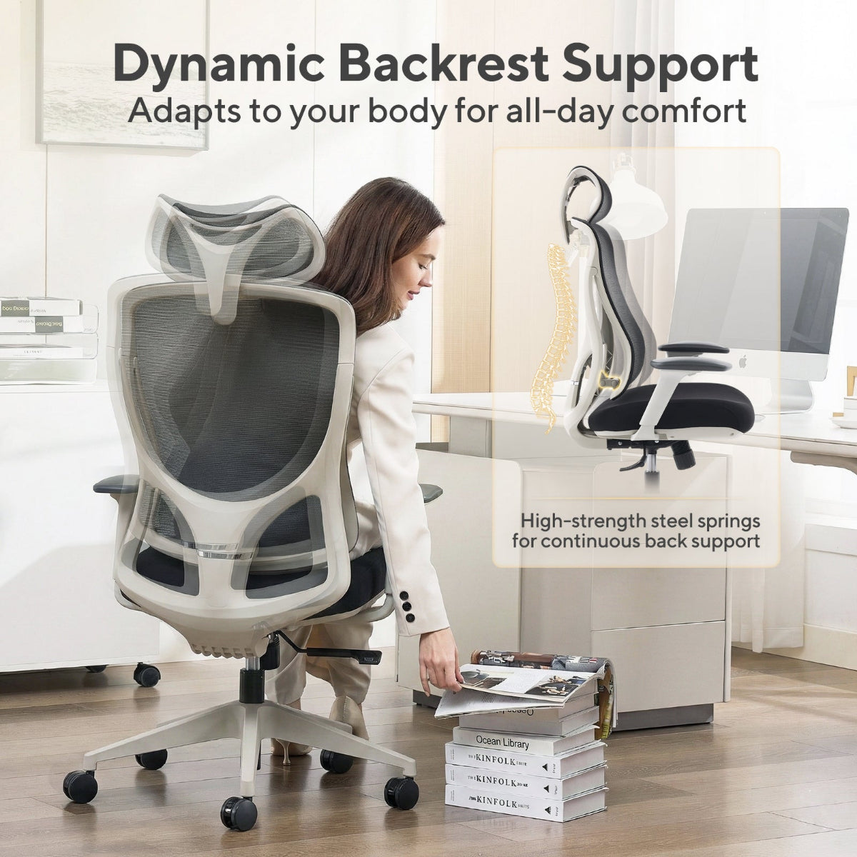 NHO-0026GR,Person using a ergonomic office chair with text about dynamic backrest support.