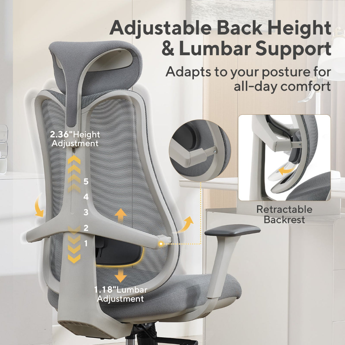 NHO-0024GR,Gray office chair with adjustable features on a white background