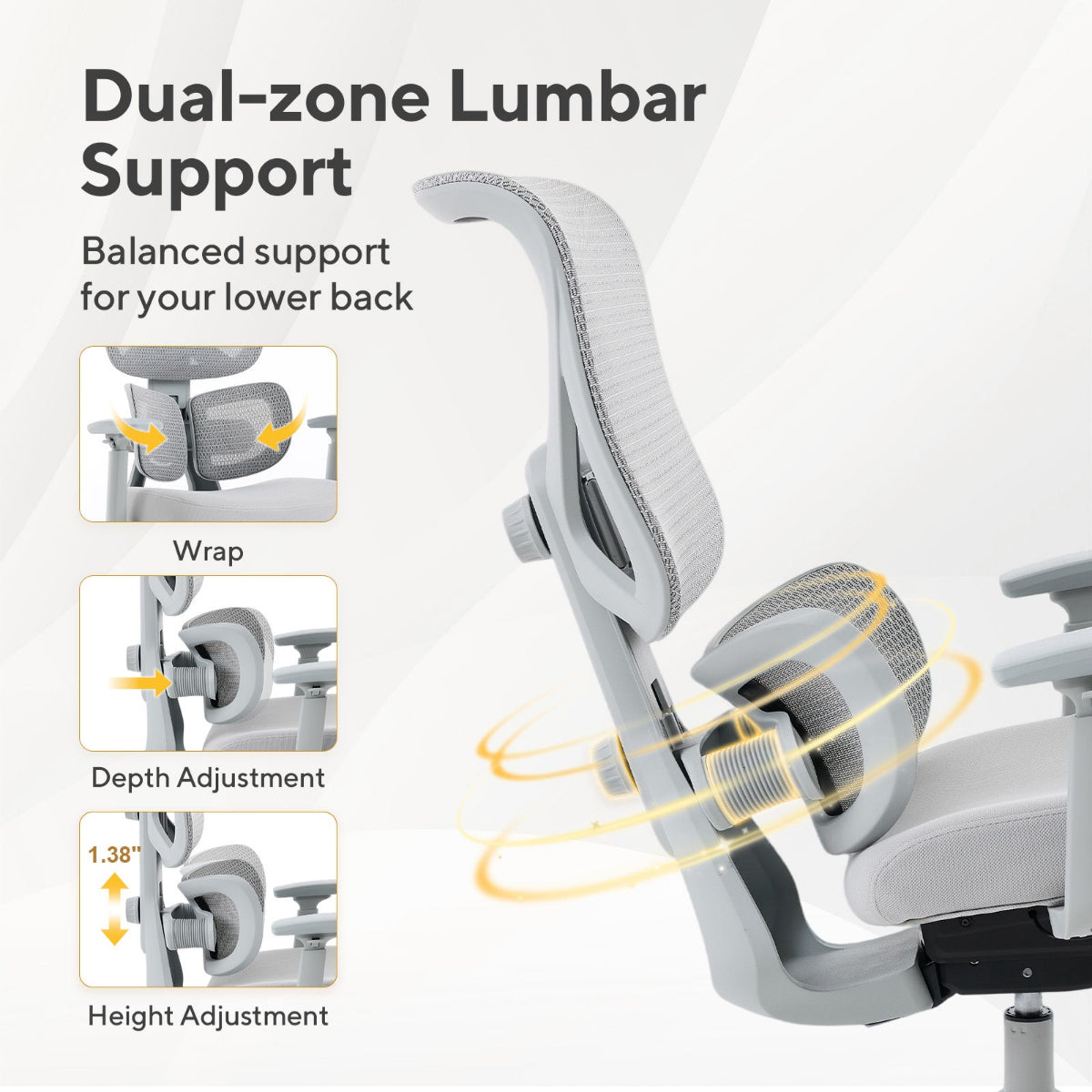 NH0-0023GR,Ergonomic chair with dual-zone lumbar support features on a white background