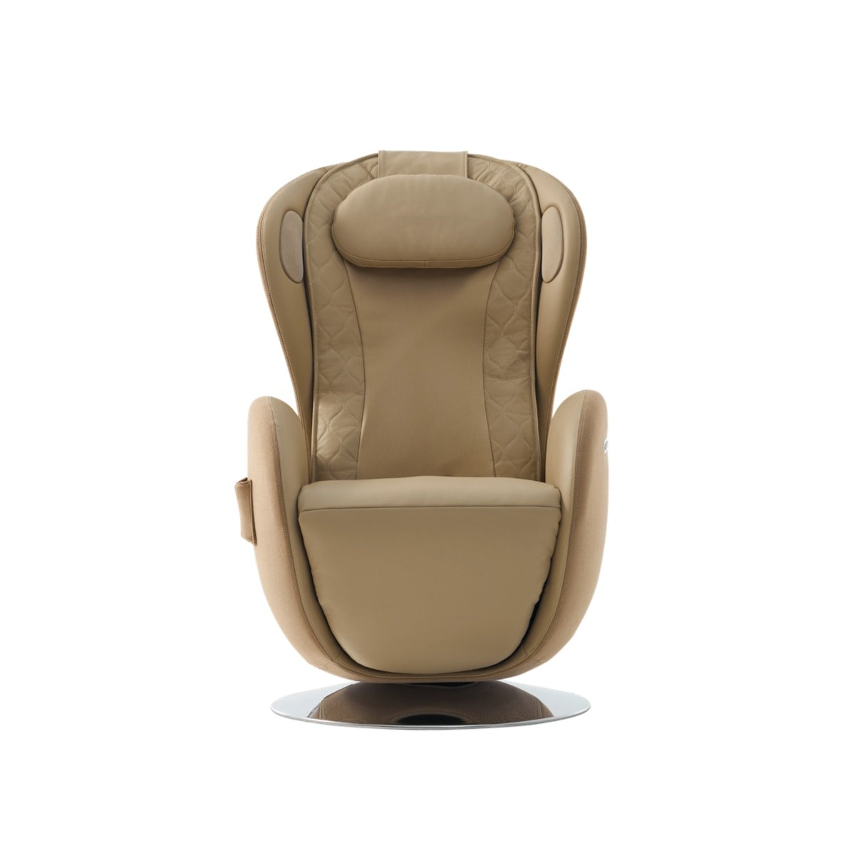NR-SN100L-SD, a beige massage chair with a high back, padded headrest, and curved armrests, shown from the front on a plain white background.