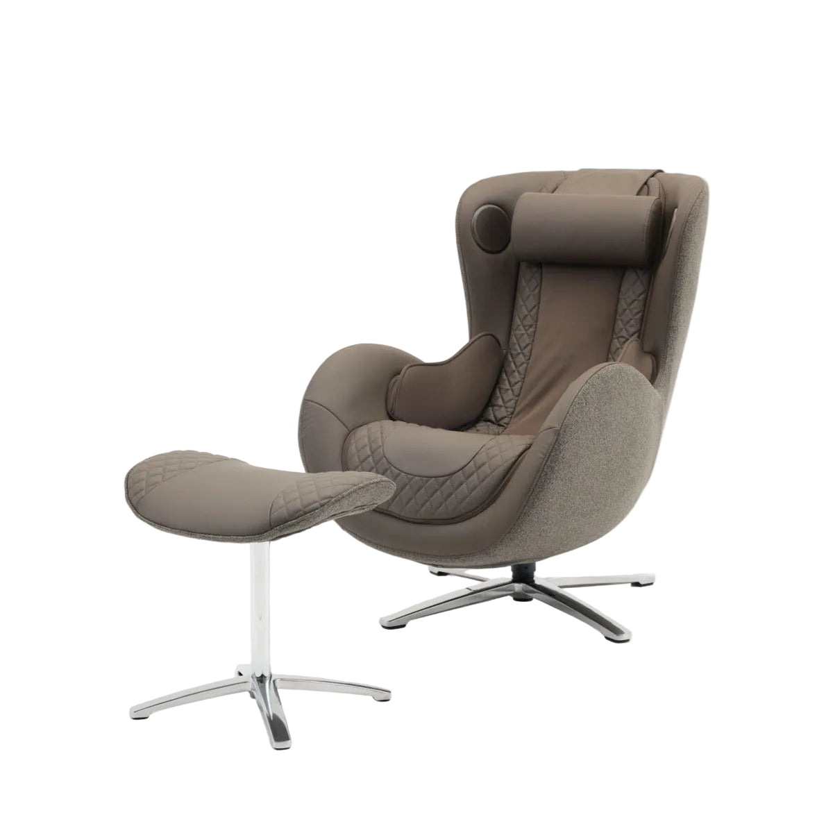 N-0003TB-V3, A modern high-back lounge chair in taupe and brown fabric with quilted details, accompanied by a matching ottoman on a chrome star base, shown against a plain white background.