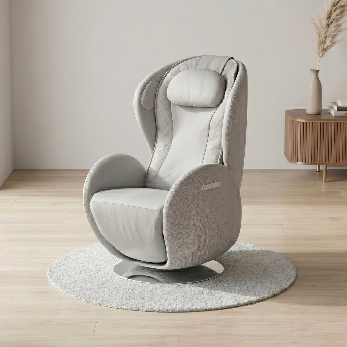NA-RR120F-GR,Gray swivel chair in a minimalistic room with wooden floor and side table.