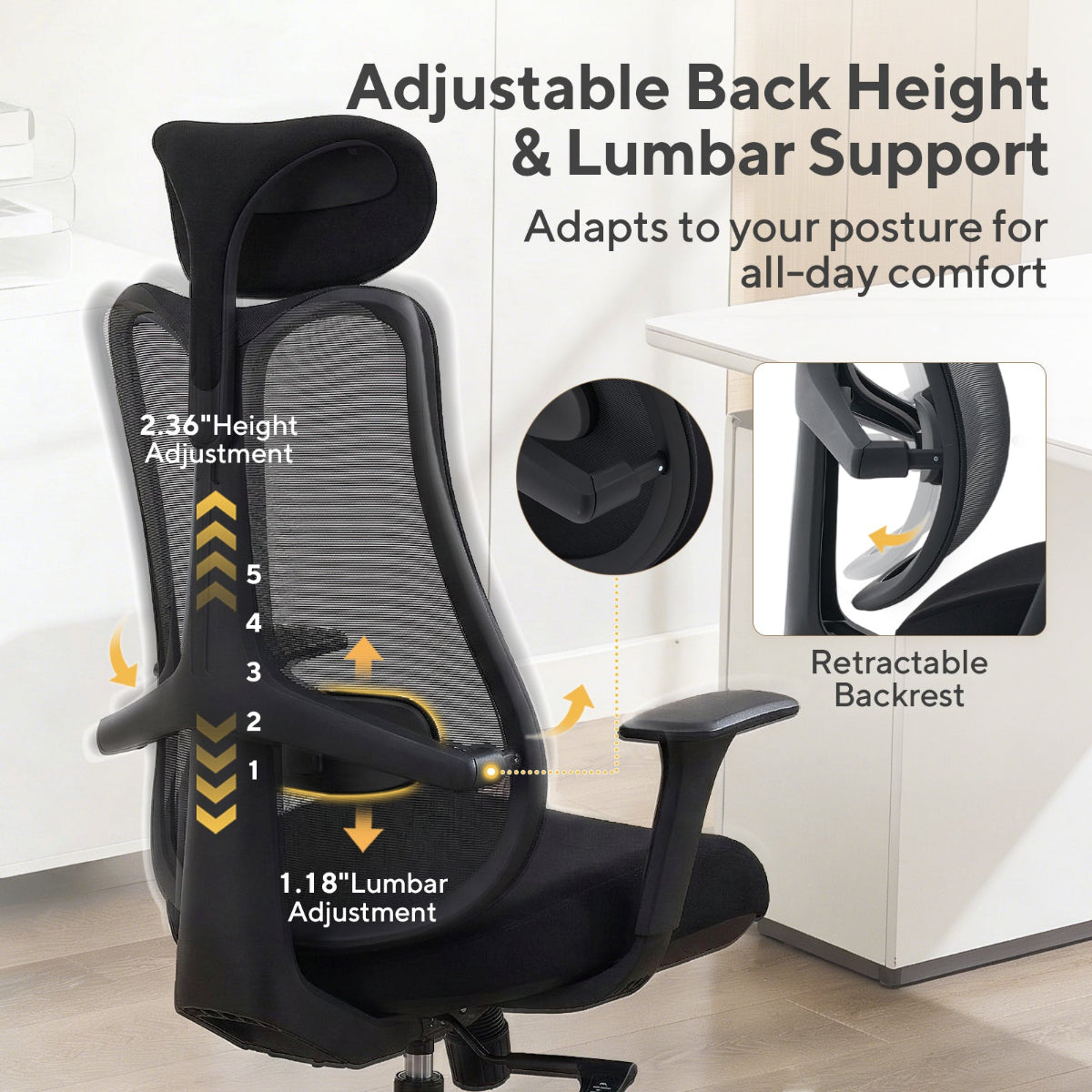 NHO-0024BL,Black office chair with adjustable back height and lumbar support features on a white background.