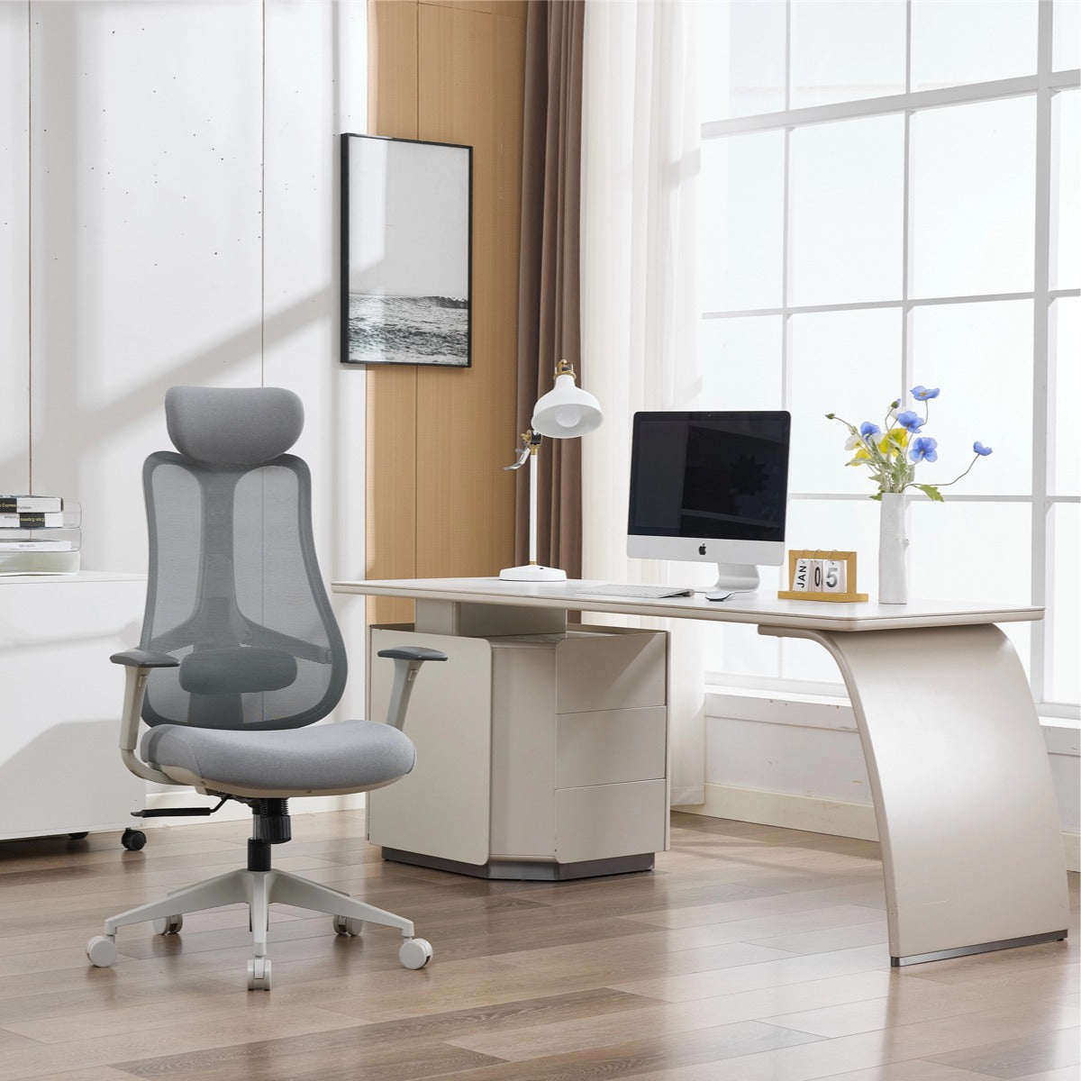 NHO-0024GR,Modern office setup with a gray ergonomic chair, white desk, and computer monitor.