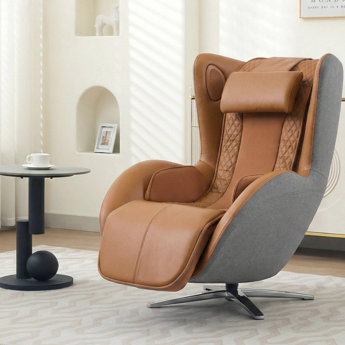 N-0006CM-V2,Modern massage chair with brown leather and gray fabric in a room setting.