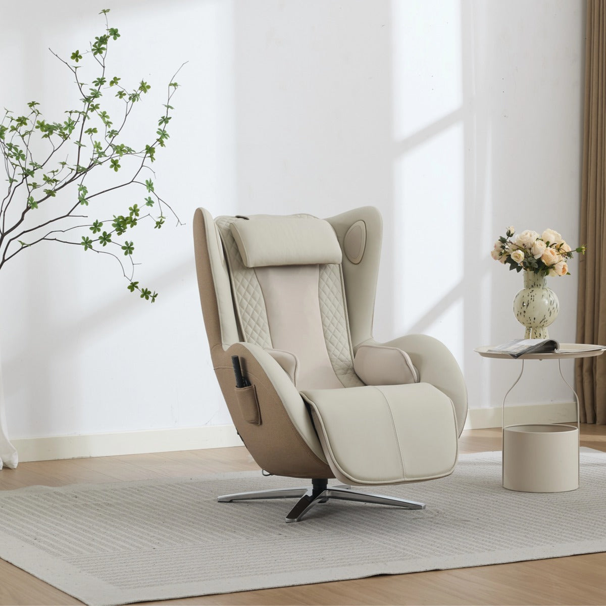 N-0006EW-V2,Elder White recliner chair in a modern living room with a small table and decorative items.