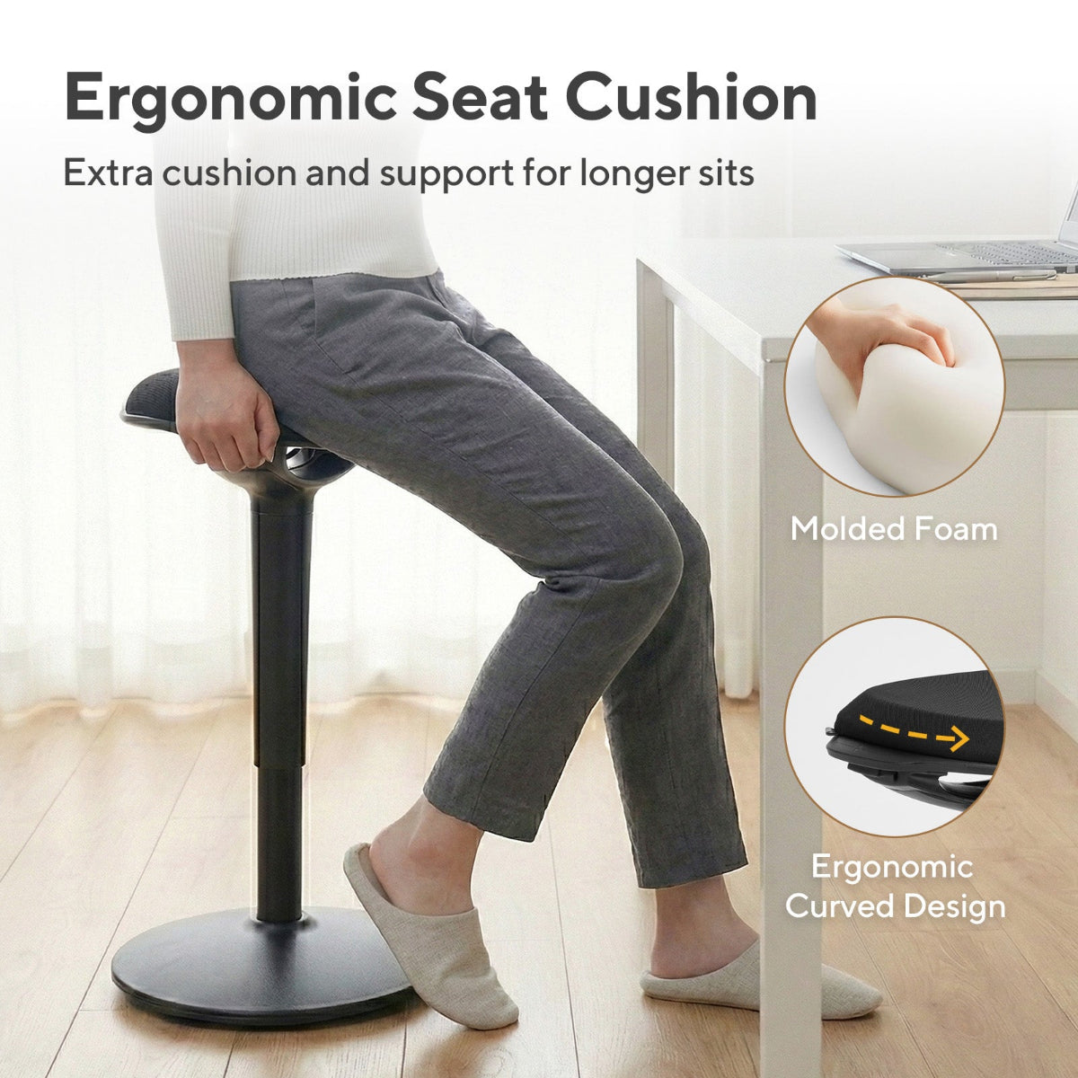 NH0-0019BL, infographic showcasing a black active stool's ergonomic seat cushion, highlighting molded foam padding and a curved design for extended sitting comfort.