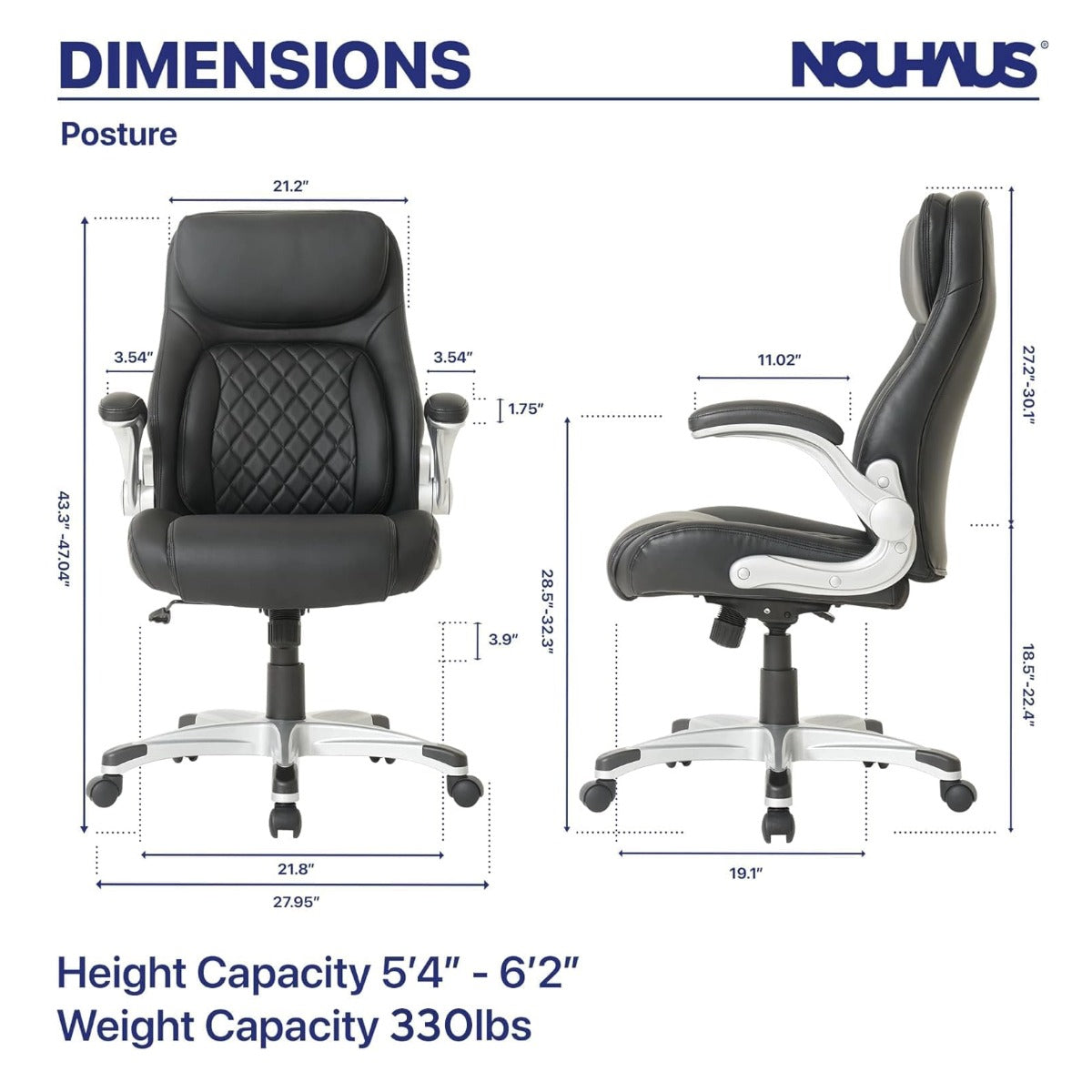 NHO-0004BL,Dimensions of a black office chair with Nouhaus branding