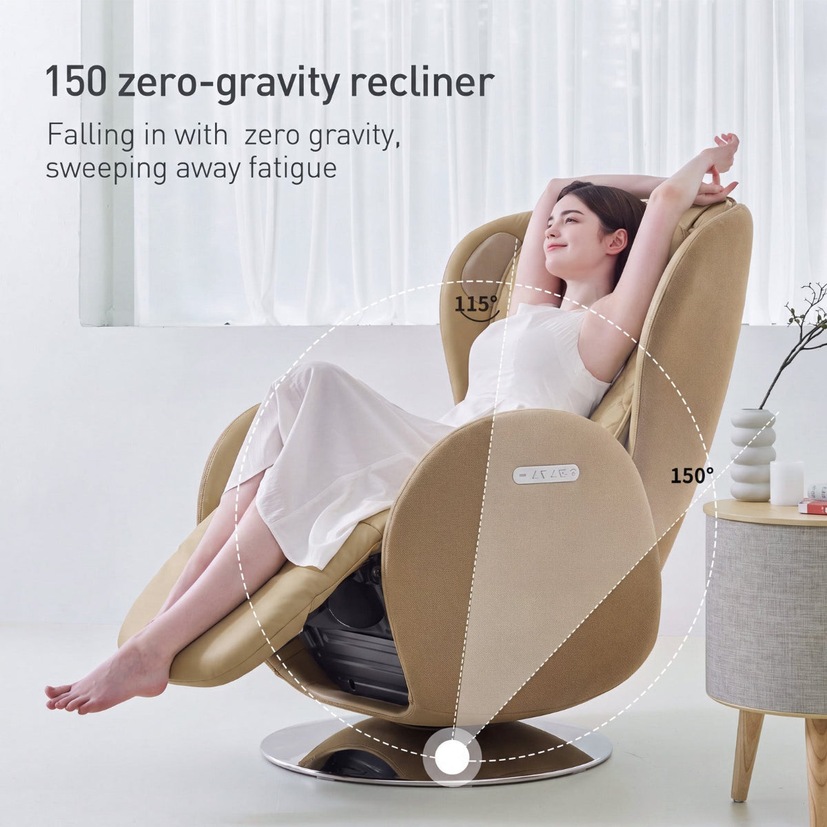 NR-SN100L-SD, a woman reclines in a beige zero-gravity massage chair with overlaid angle graphics showing 115° head support and 150° armrest angle, in a bright indoor room with text reading '150 zero-gravity recliner'.