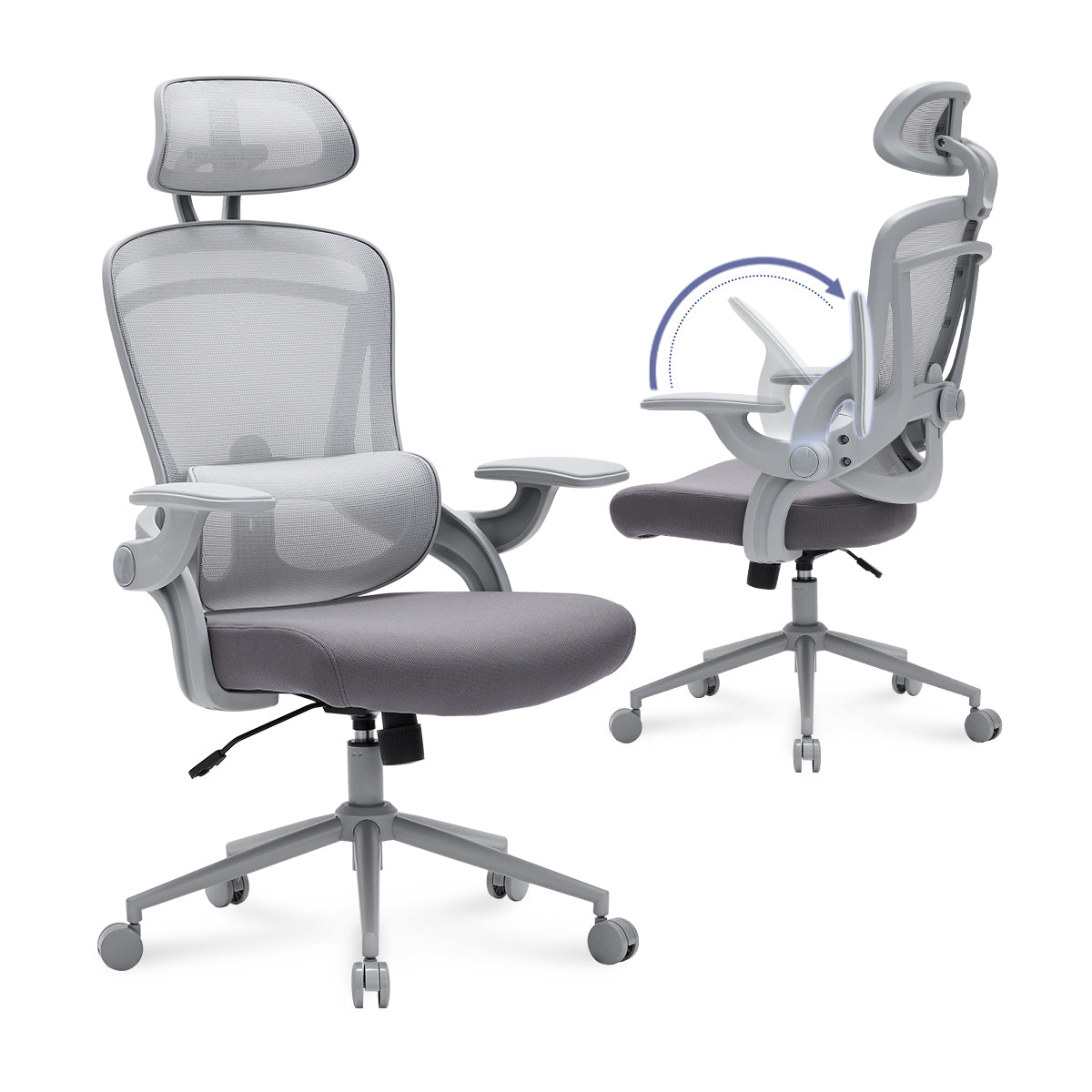NHO-0013GR,Gray ergonomic office chair with headrest and armrests on a white background