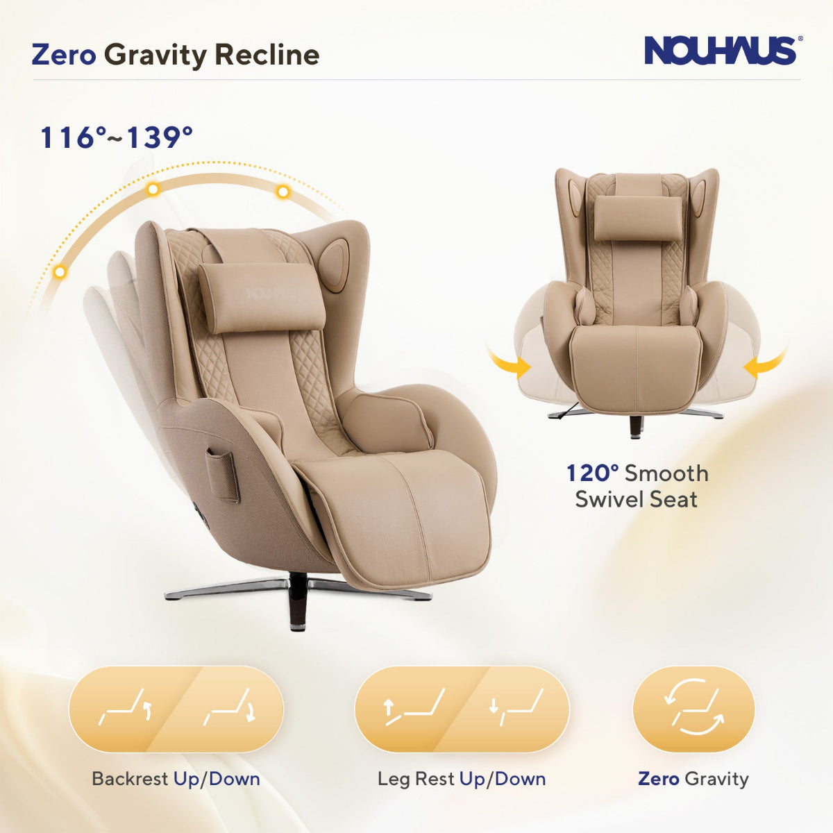 N-0006SD-V2,Beige zero gravity recliner chair with features highlighted on a light background, featuring the Nouhaus brand.
